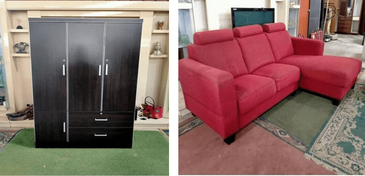 Almari kayu pelat dan sofa tema merah